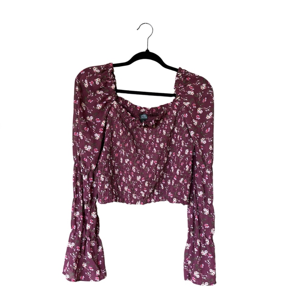 Wild Fable Smocked Floral Long Sleeve Crop Square‎ Neck Top Burgundy Plus  1X